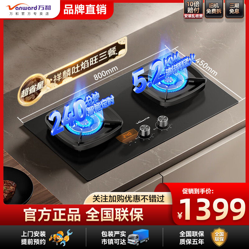 万和G9L56天然气定时燃气灶双灶嵌入式5.2kW家用一级能效高热效率