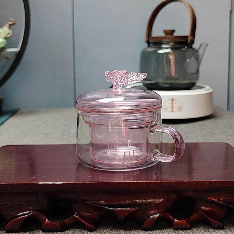 粉色茶杯女士专用玻璃蝴蝶泡茶杯茶水分离玻璃杯咖啡杯耐热水杯