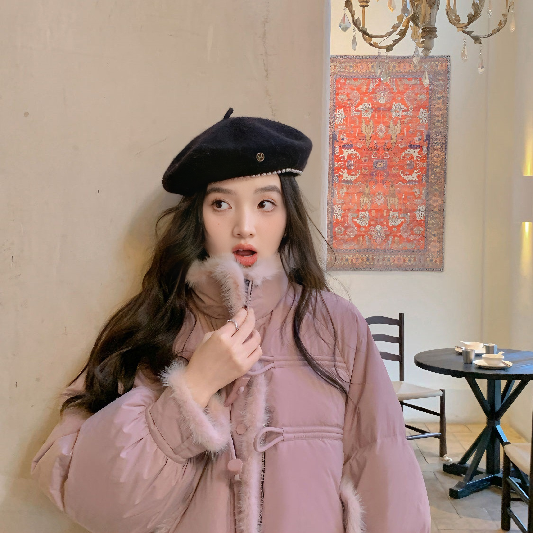 粉紫色牛角扣毛领小个子羽绒服