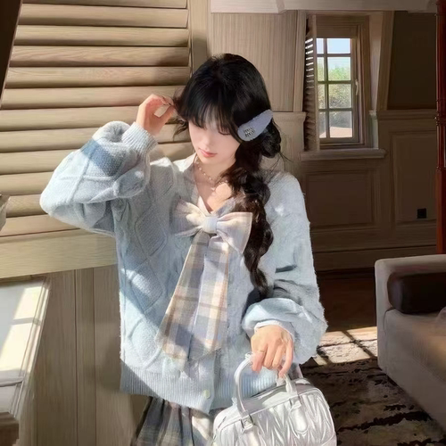 巨好看奶蓝色蝴蝶结毛衣短裙套装