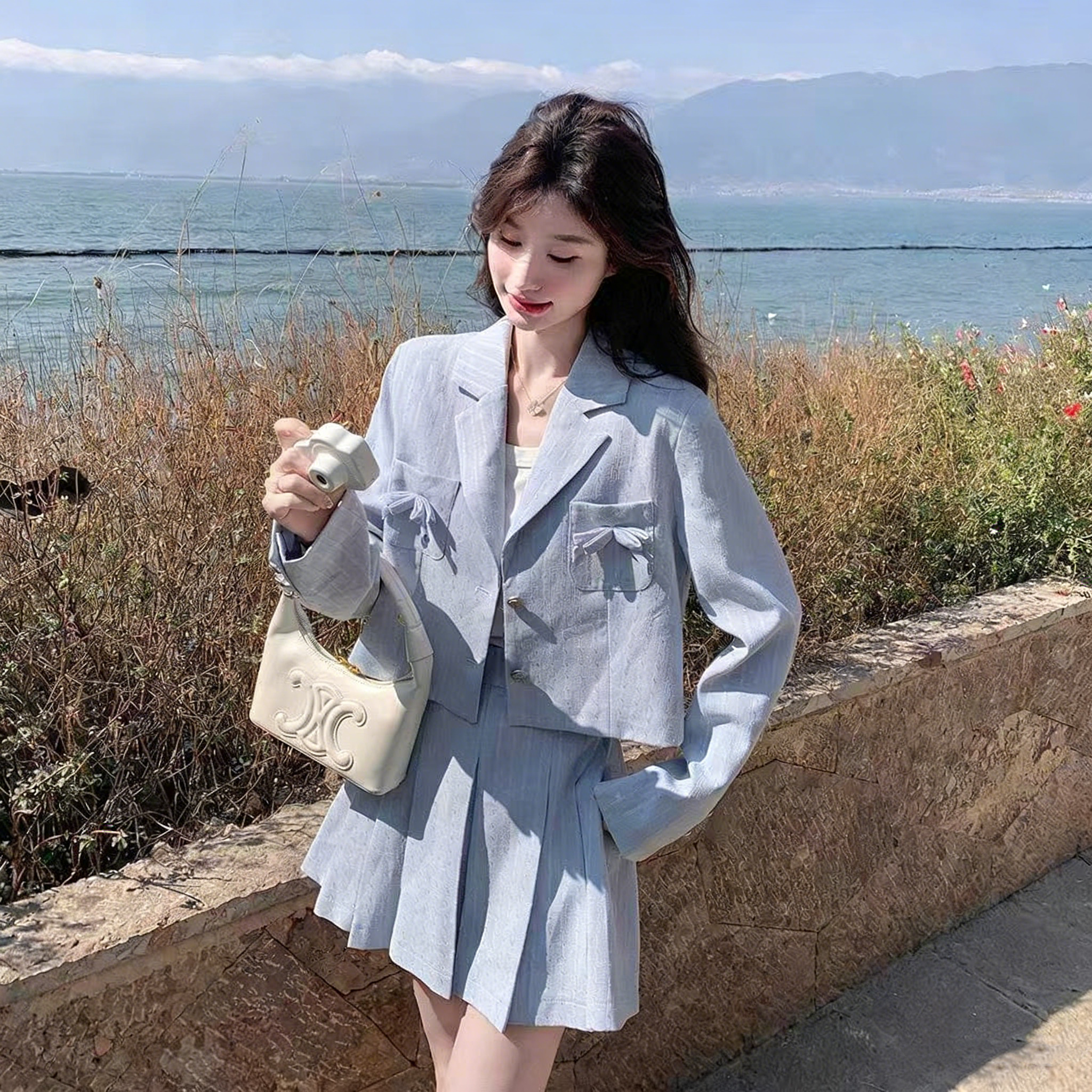 超好看蓝色小西装高腰百褶短裙套装2026春装小个子减龄穿搭一整套,女装/女士精品,时尚套装,淘宝优惠券,粉丝福利购,淘宝优惠卷