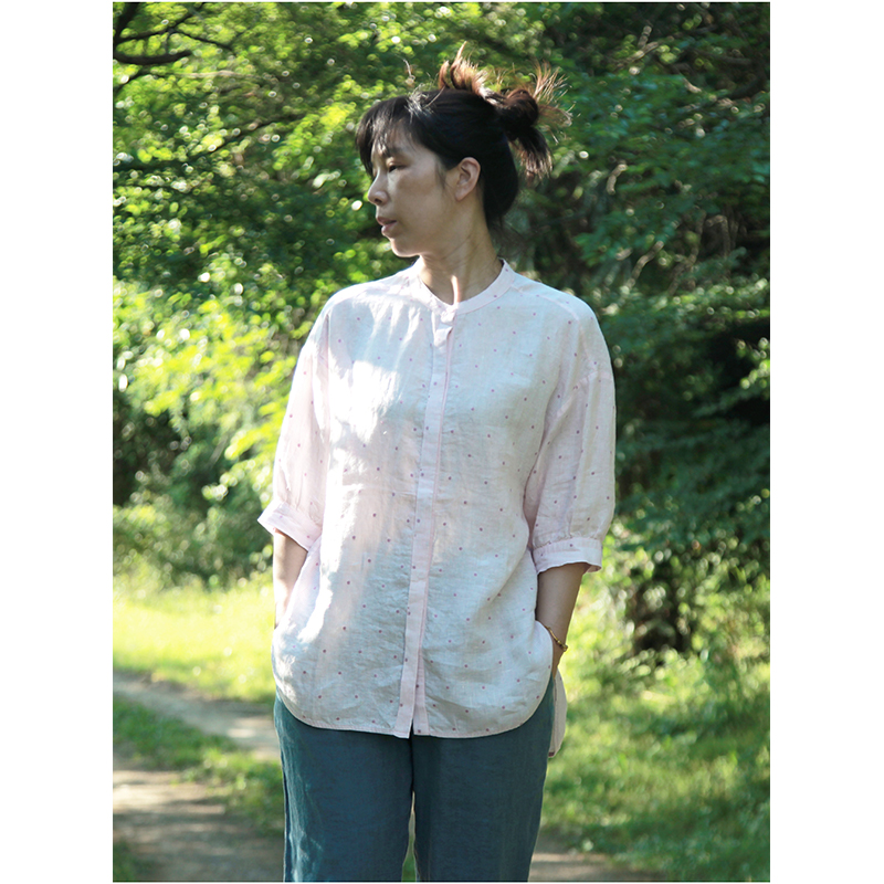 色织亚麻圆点刺绣衬衫五分袖宽松慵懒风衬衣小立领外穿2022夏新款