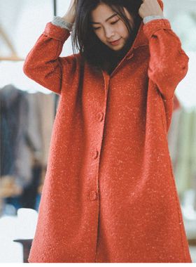 氧气生活2019秋季新品毛呢大衣女中长款连帽红色羊毛保暖N1J4344