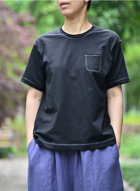 氧气生活全棉针织百搭短袖显瘦T恤撞色黑色上衣女夏设计感独特