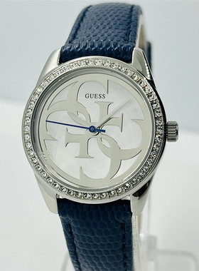 代购GUESS女表 G-Twist水晶银色钢制28毫米蓝色皮革休闲手表 W12