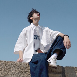 日系cityboy短袖衬衫夏季新款潮牌宽松休闲衬衣纯色工装男女外套