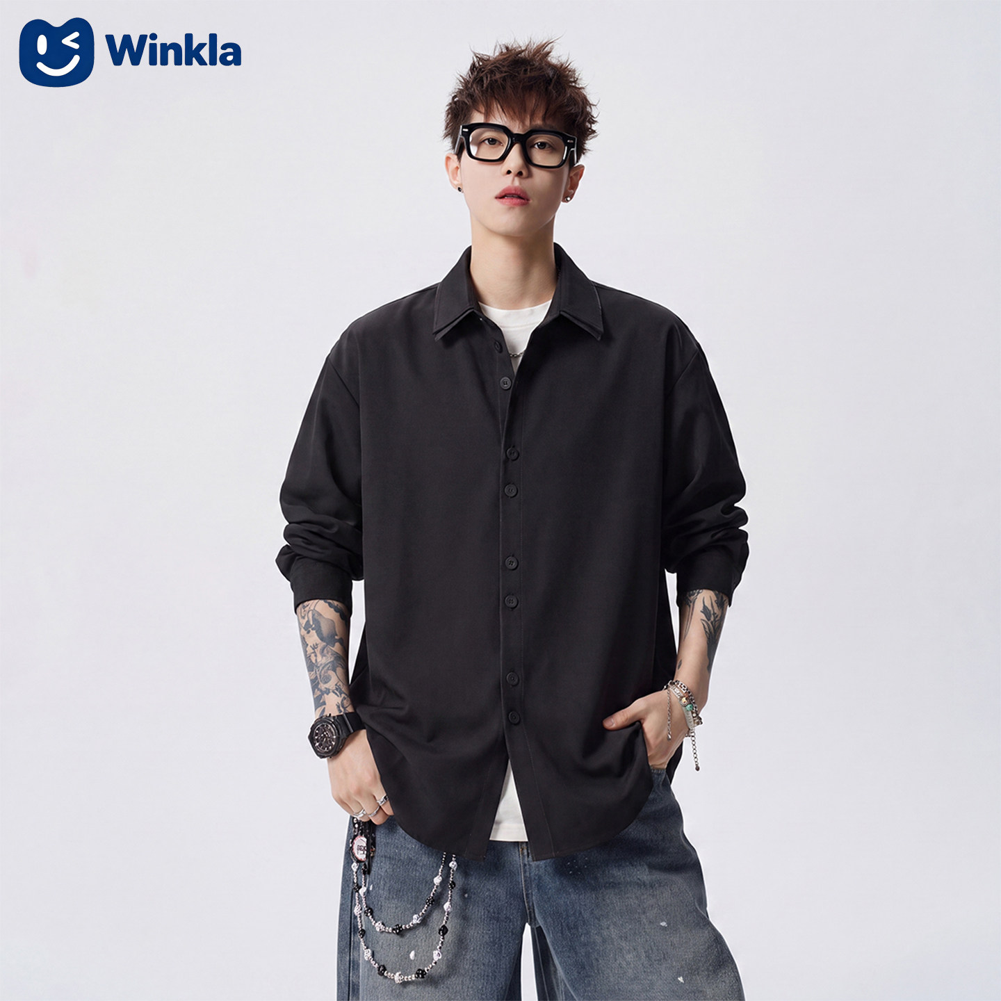 Winkla撞色双层领男女休闲衬衫