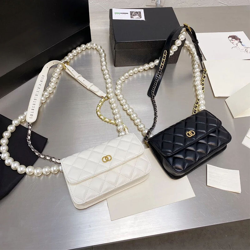 真皮小香风包包女2021新款潮百搭大珍珠肩带斜挎菱格链条包胸包女