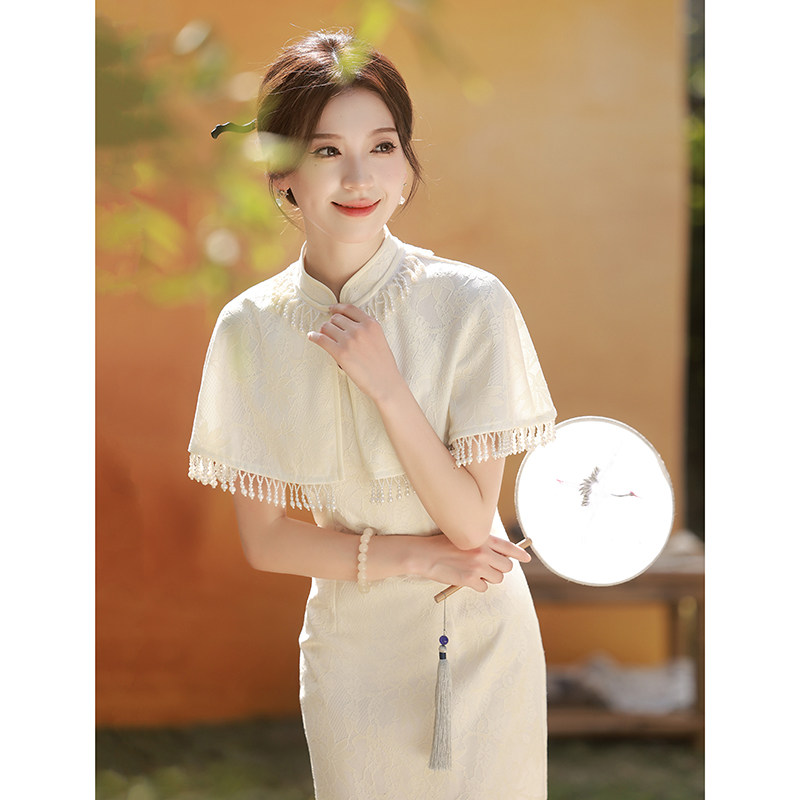 白色旗袍2026新款新中式改良少女连衣裙敬酒服订婚礼服裙披肩套装
