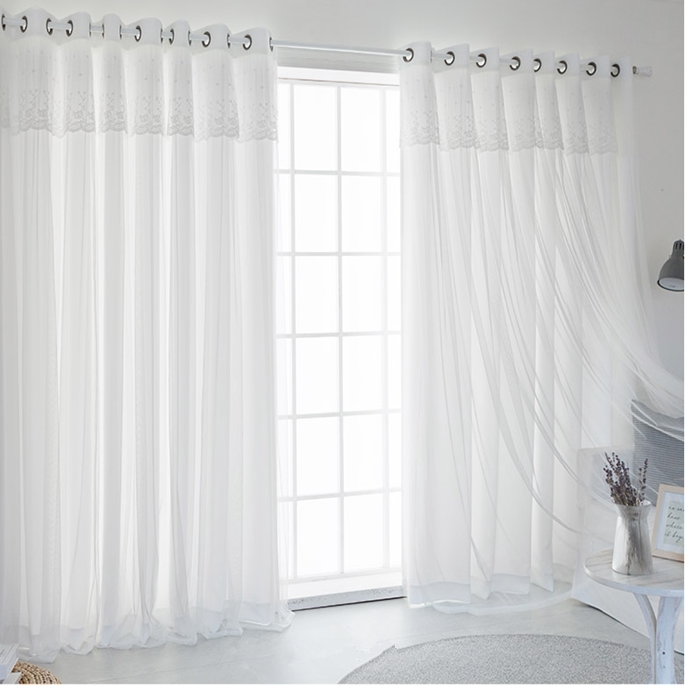 网红法式白色蕾丝公主风少女双层纱帘透光不透人卧室飘窗窗帘布帘