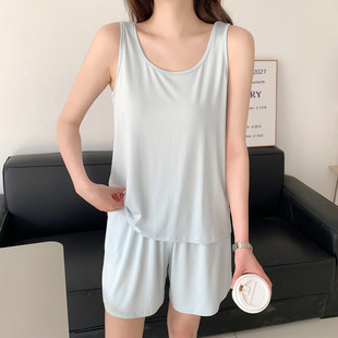 背心短裤 纯色家居服可外穿两件套 睡衣套装 女夏莫代尔休闲圆领大码