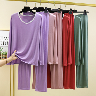 2023春夏新款莫代尔睡衣女长袖薄款宽松大码长袖休闲裤家居服套装