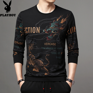上衣服打底衫 花花公子卫衣男春秋圆领长袖 t恤中青年印花纯棉薄款