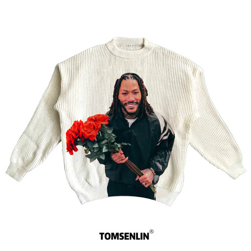 tomsenlin芝加哥风城玫瑰罗斯美式康丽印花慵懒休闲毛衣