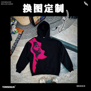 tomsenlin定制手工remake玫红撞色不规则来图定制宽松卫衣长短袖