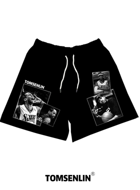 tomsenlinSS美式阿伦艾弗森黑色复古印花系列短裤