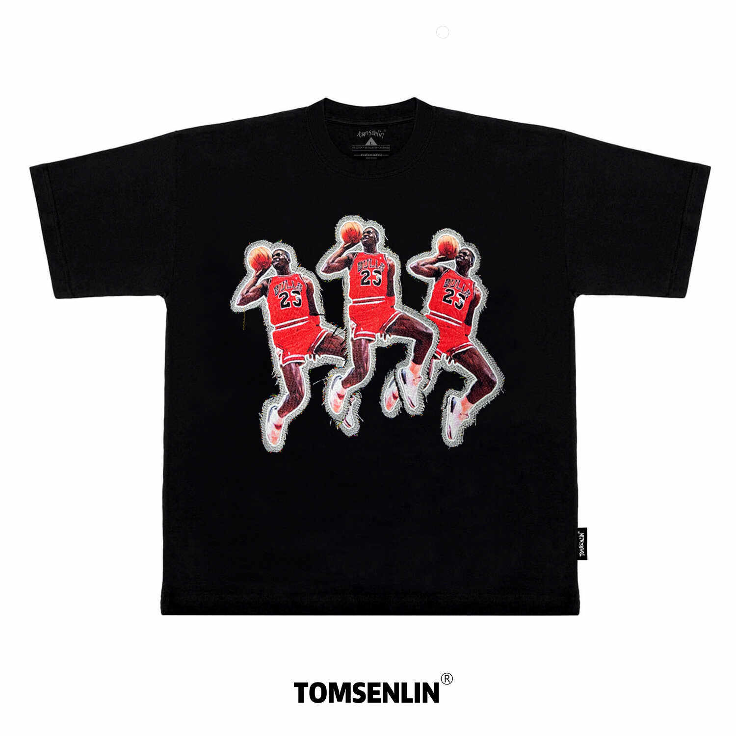tomsenlin公牛队扣篮赛罚球线迈克尔美式线毯贴布宽松短袖T恤卫衣