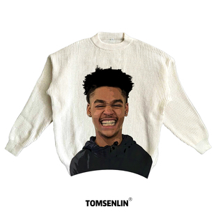 tomsenlin青春版普尔憨笑喜感恶搞美式康丽印花慵懒休闲毛衣