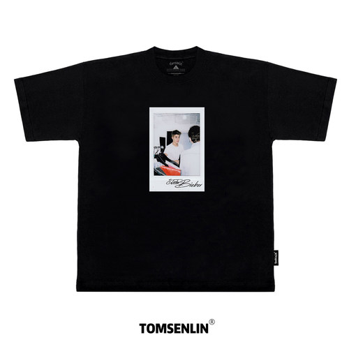 tomsenlin年轻贾斯丁比伯拍立得胶片康丽印花短袖