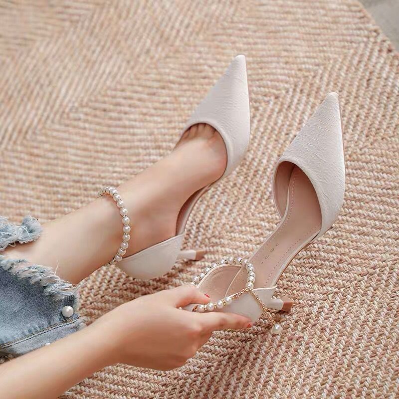 2025春秋季新款气质尖头一字扣细跟气质单鞋法式珍珠浅口高跟鞋女