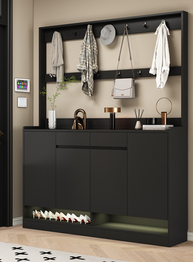 鞋柜黑色简约现代带衣架家用门口入户玄关柜一体衣帽架新款储物柜