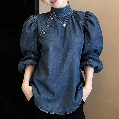 港风复古立领金属扣女士牛仔衬衫秋夏大码胖mm收腰裙摆设计感衬衣
