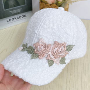 加厚保暖羊羔绒帽子女秋冬天毛绒棒球帽刺绣花朵泰迪绒百搭鸭舌帽