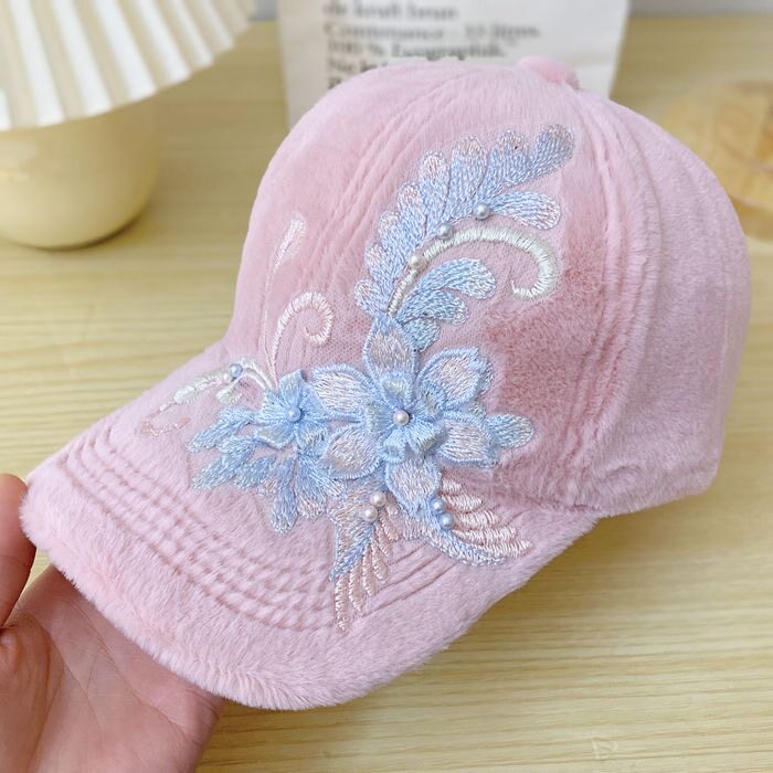 兔毛质感田园风花朵棒球帽女秋冬