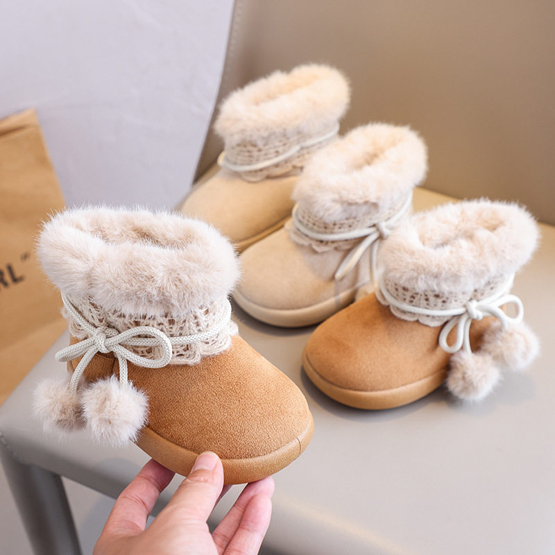 儿童加绒保暖毛球雪地靴秋冬季女