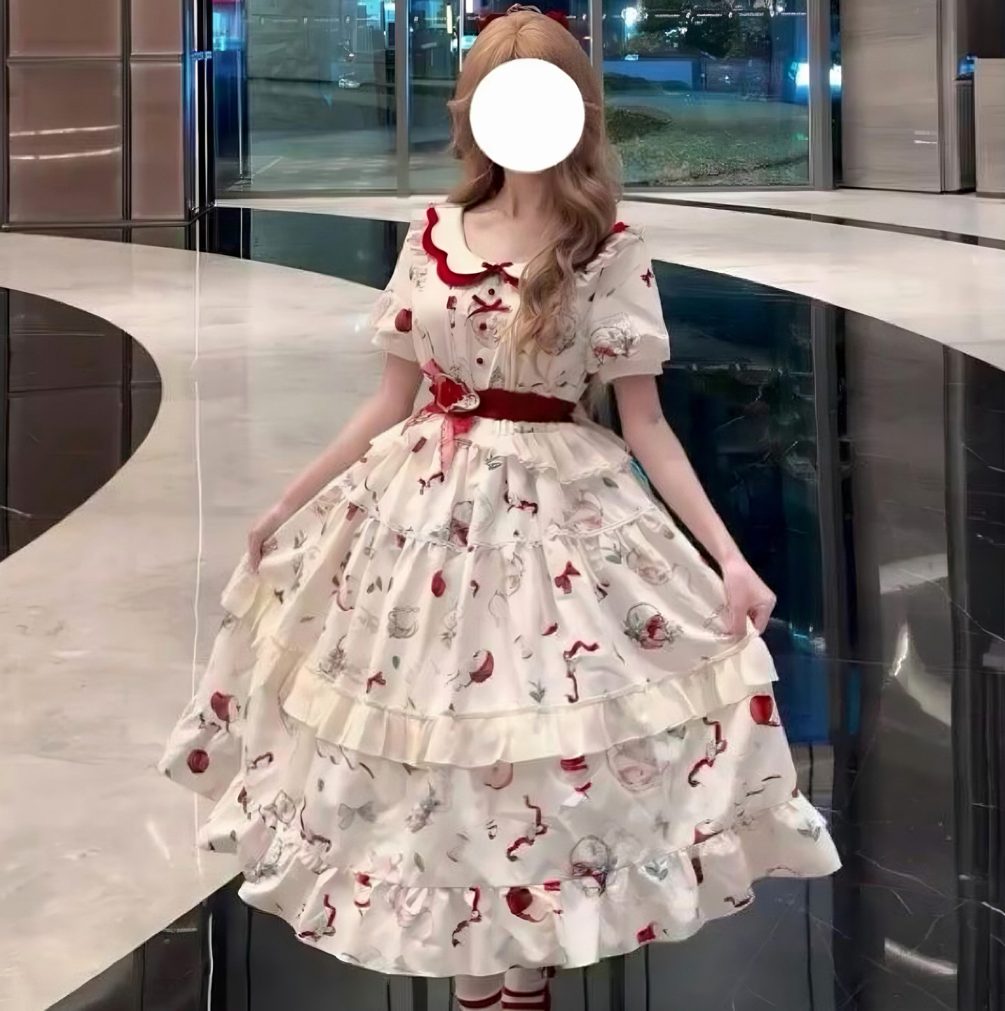 娃娃领苹果印花绑带收腰连衣裙女夏季洛丽塔仙气甜美蓬蓬裙lo裙