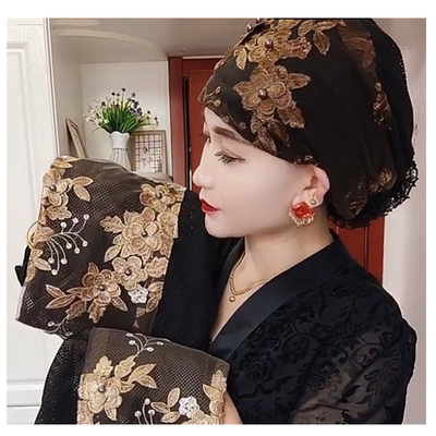 新款刺绣包头帽蕾丝后花头巾帽