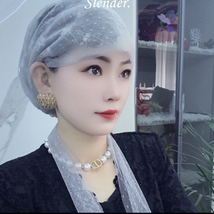 新款夏季薄款包头帽软纱巾头巾帽洋气时尚飘带女士帽子亮片纱巾帽