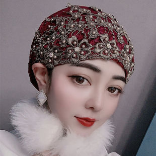 穆斯帽子包头帽网红爆款钉珠花边帽中老年妈妈帽套头遮发