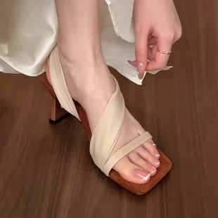 小众气质外穿高跟凉拖 羊皮版 法式 绝美方头露趾凉鞋 女2025年新款