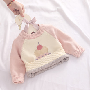 女童毛衣加绒加厚宝宝圆领针织衫婴儿套头打底衫公主洋气保暖冬装