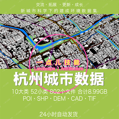 杭州市GIS数据AI解译SHP矢量CAD区划POI用地建筑模型路网蓝绿地形