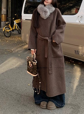 韩系高级感立领系带呢子大衣女小个子冬气质宽松长款过膝毛呢外套