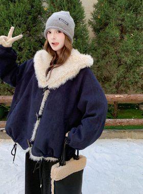 藏青色两面穿连帽派克服羊羔毛外套女冬2025新款甜酷加绒加绒