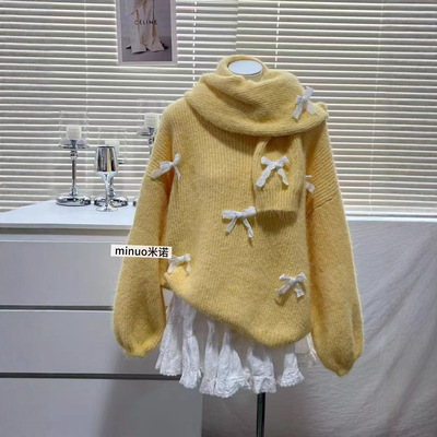 重工蝴蝶结圆领毛衣女2025新款秋冬宽松大码软糯套头针织衫