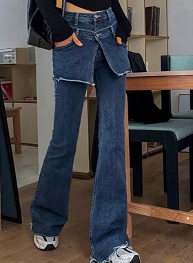 韩国chic气质2026年春秋季新款复古气质拼接牛仔裙裤喇叭牛仔裤女