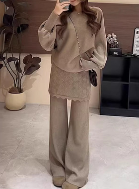 2026春季新款韩版时尚慵懒风毛衣针织衫拼接蕾丝屁帘阔腿裤套装女