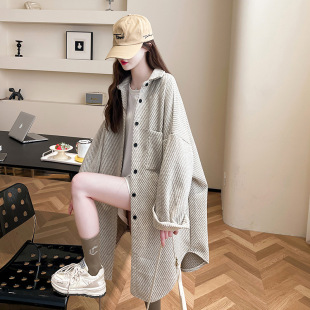 新款 衬衫 大码 宽松加绒长袖 女气质上衣外套 纯色中长款 2025秋冬季