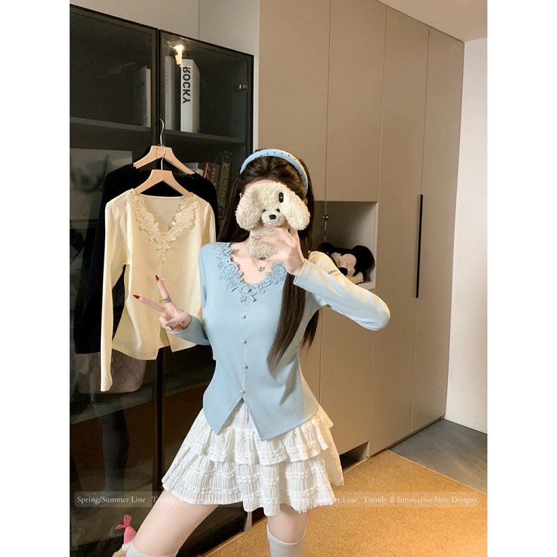 2026春装新款胖女纯欲设计感蕾丝花边收腰显瘦长袖上衣