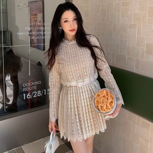 新款女装米白色蕾丝手工订钻假两件修身显瘦连衣裙长袖短裙子