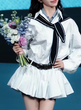 田曦薇同款学院风格纹假两件白色衬衫连衣裙女春季新款收腰短裙子