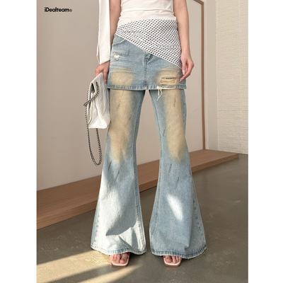 手绘做旧喇叭裤春季新款屁帘牛仔裤女#91185