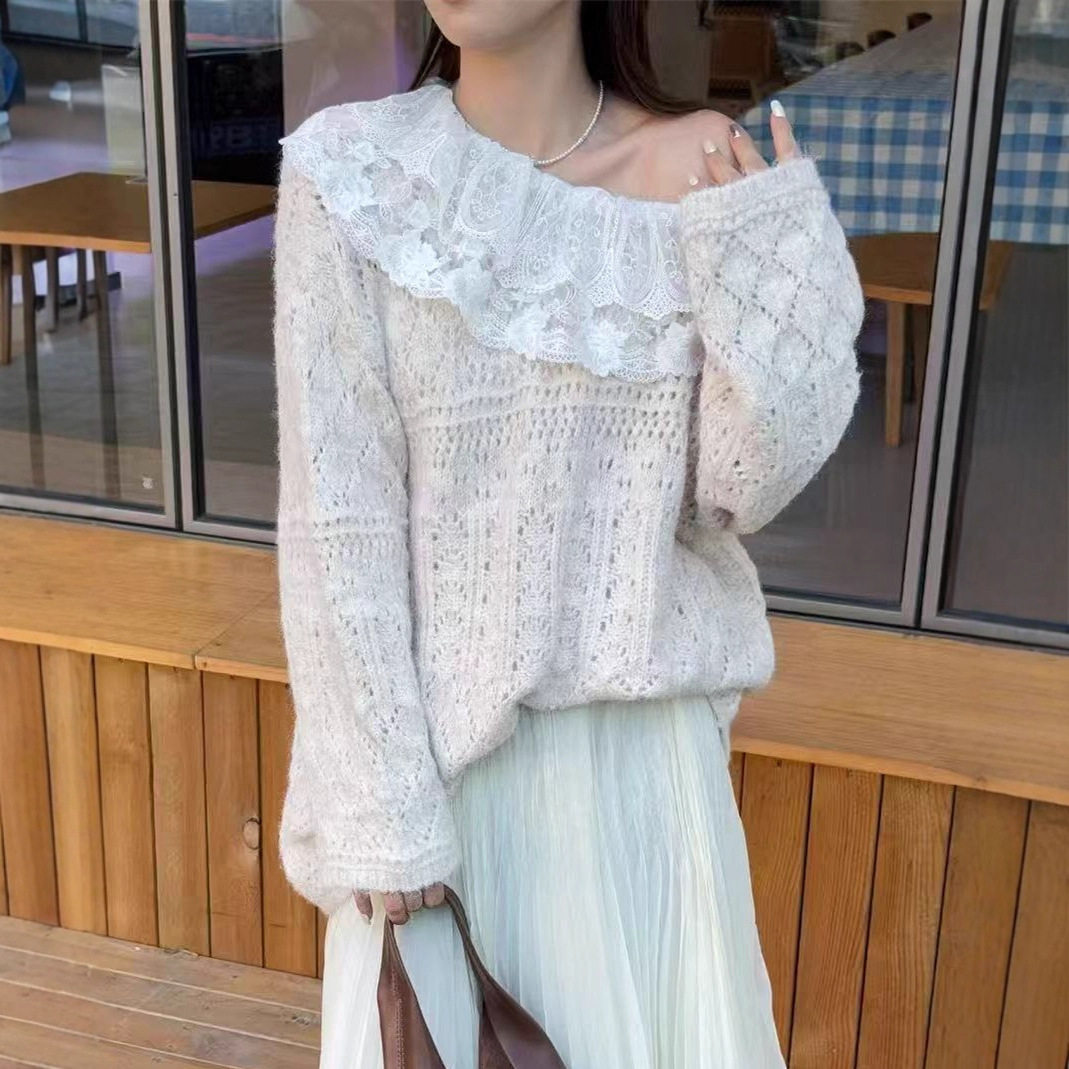 高级感蕾丝一字领纯色毛衣宽松套头长袖慵懒风针织衫上衣秋冬季