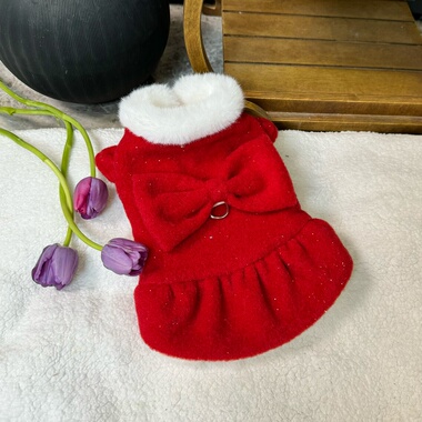 五只小白熊宠物衣服秋冬新款红色毛呢圣诞过年裙子狗狗猫新年外套