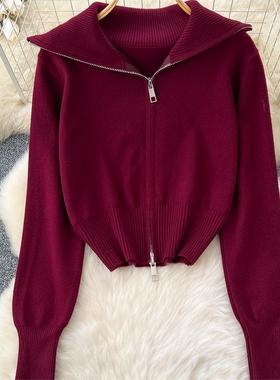 老钱风大翻领双拉链羊毛针织开衫女春秋新款简约百搭显瘦毛衣外套