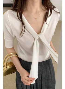 蝴蝶结披肩收腰V领短袖T恤女夏季新款通勤百搭设计感绑带中袖上衣